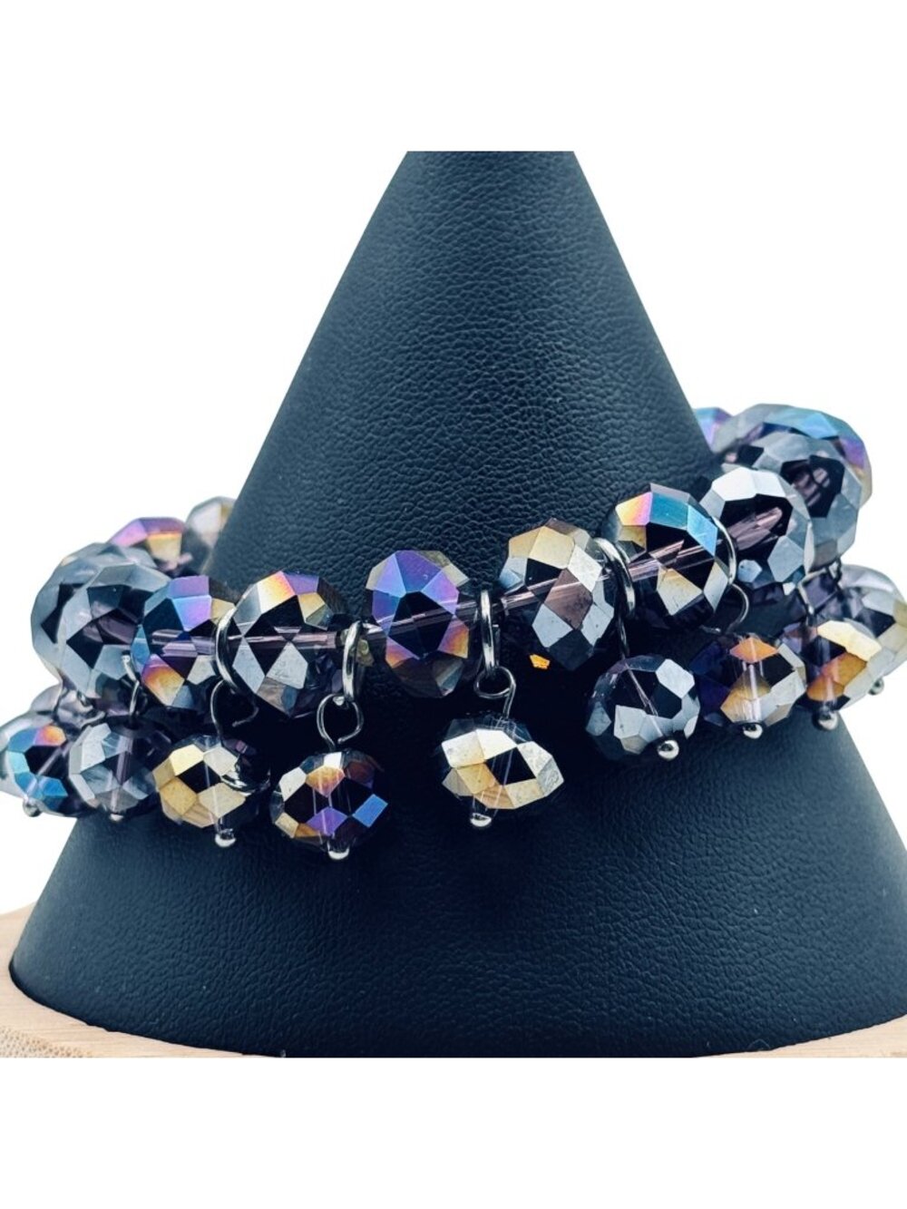 Purple Glass Bead Cha Cha Bracelet Faceted Iridescent Stretch Whimsygoth Fairy